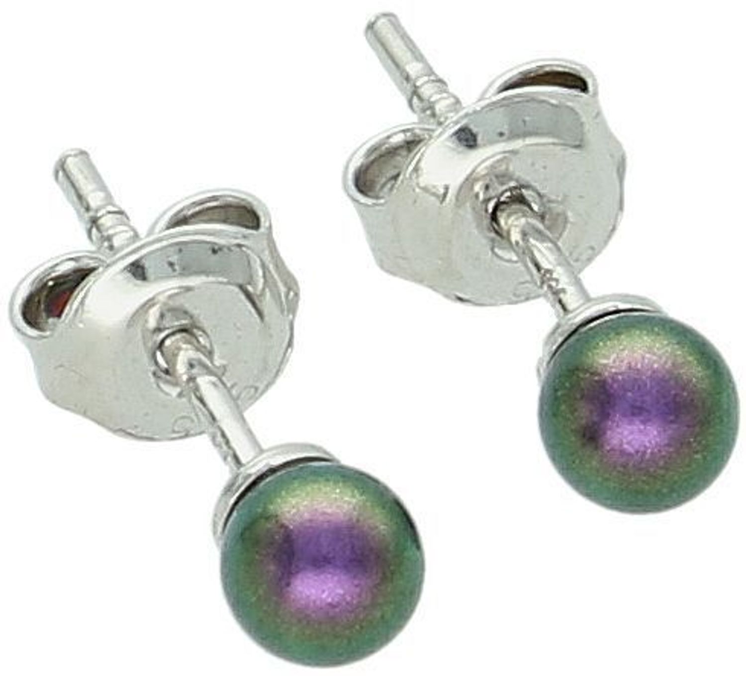 Srebrne kolczyki z ciemną perłą hodowlaną 4 mm – fioletowo-zielony połysk, zapięcie sztyft, srebro 925.jpg